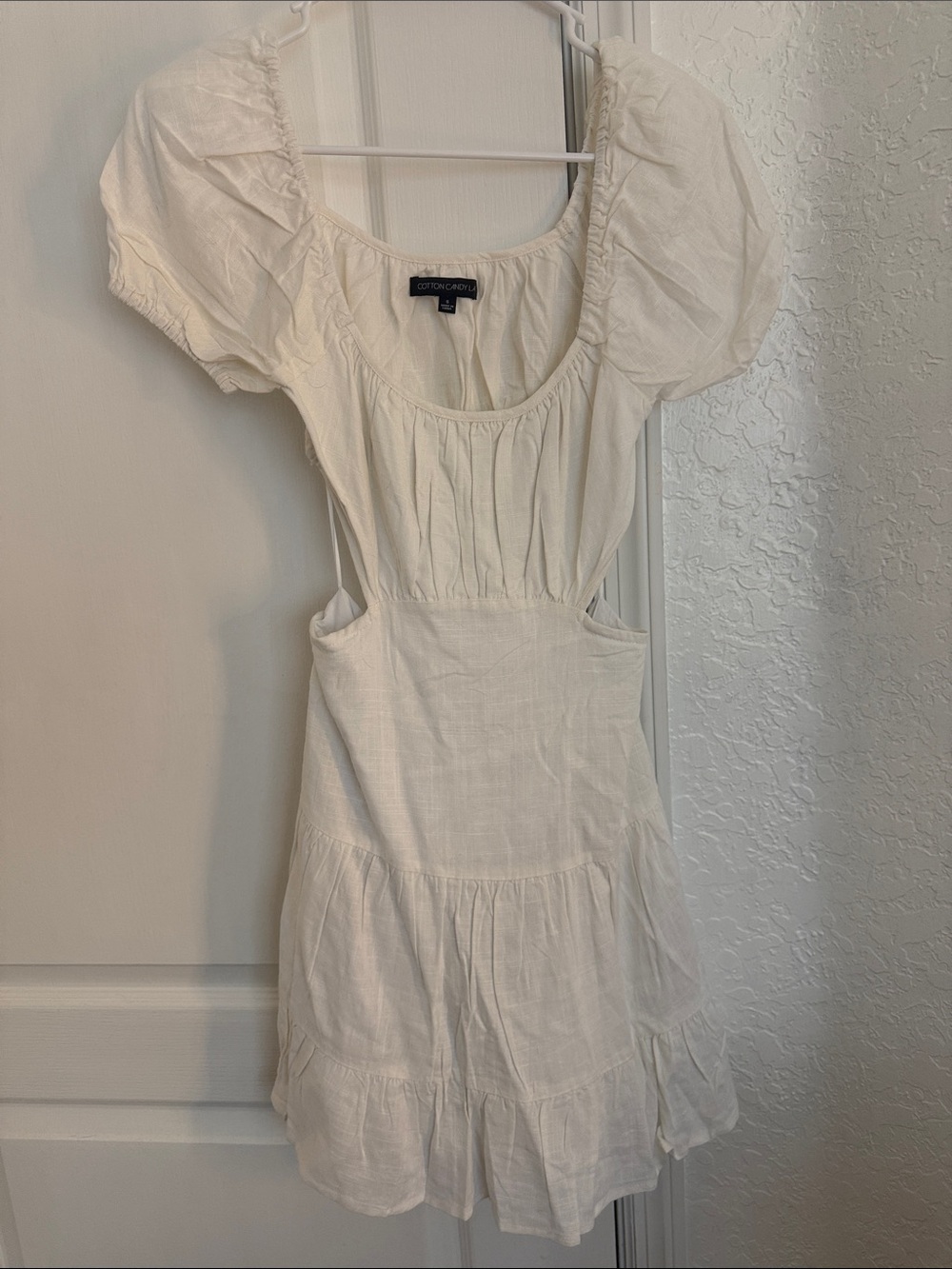 Vici White Puff Sleeve Cutout Tiered Mini Dress